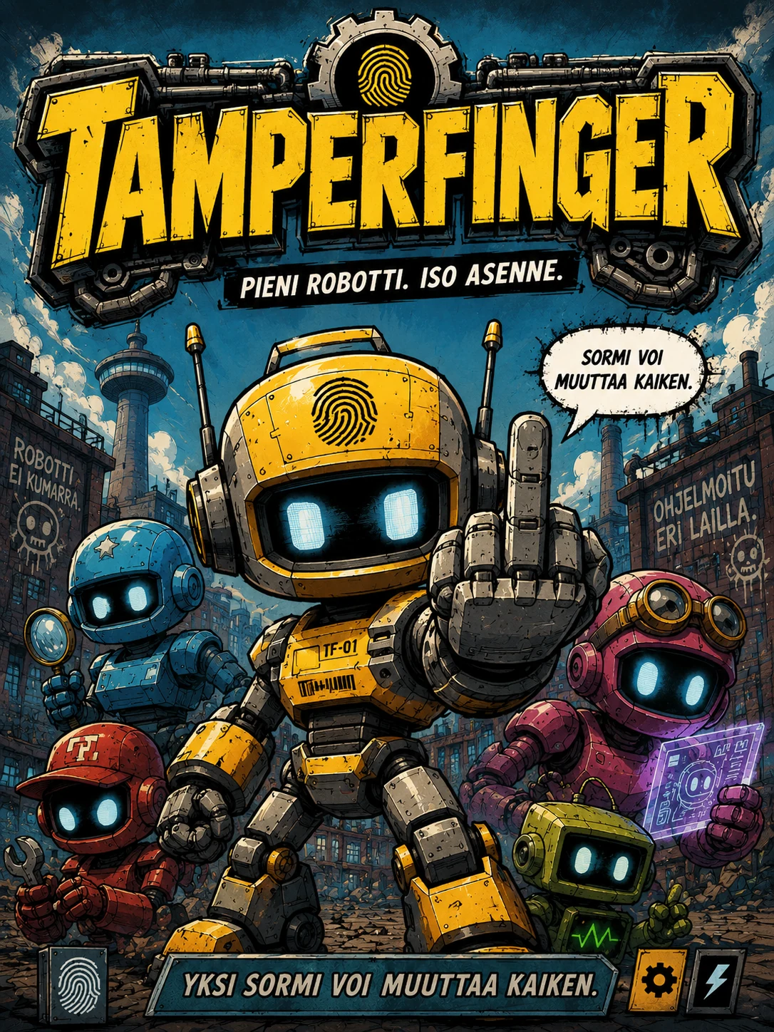 TF-01 ja muut TamperFinger-robotit Tampereen kaduilla. Yksi sormi voi muuttaa kaiken.